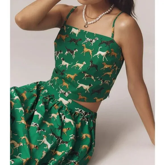 Anthropologie Maeve Straight-Neck Crop Tank Top Green Dog Print L - Picture 2 of 3